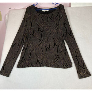 Christine Gerard 3X Top Black Gold Floral Embossed Long Sleeve Stretch Vintage
